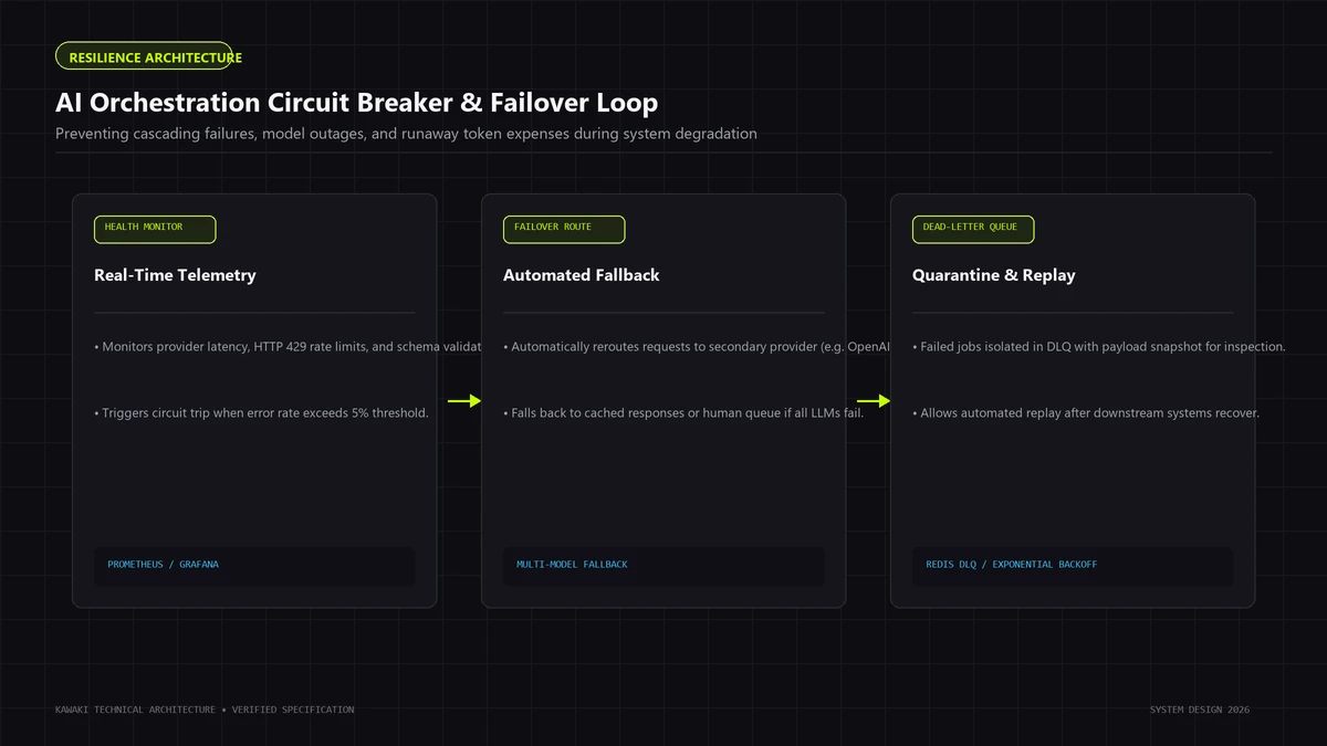 Three-step resilience diagram illustrating health monitoring, automated LLM failover, and dead-letter queues
