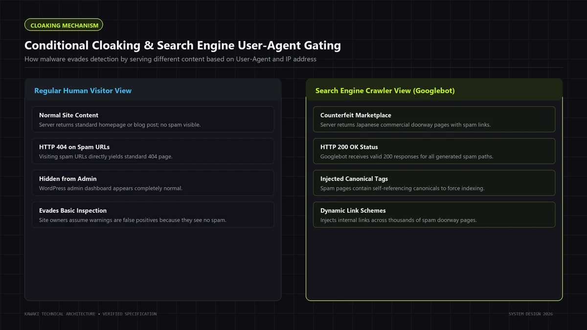 Comparison diagram showing conditional cloaking behavior between normal visitors and search engine crawlers