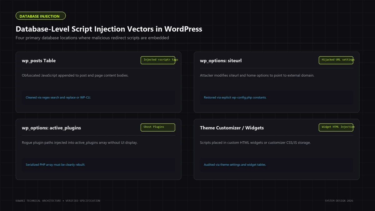 Matrix diagram illustrating database script injection vectors in wp_posts, wp_options, and widgets