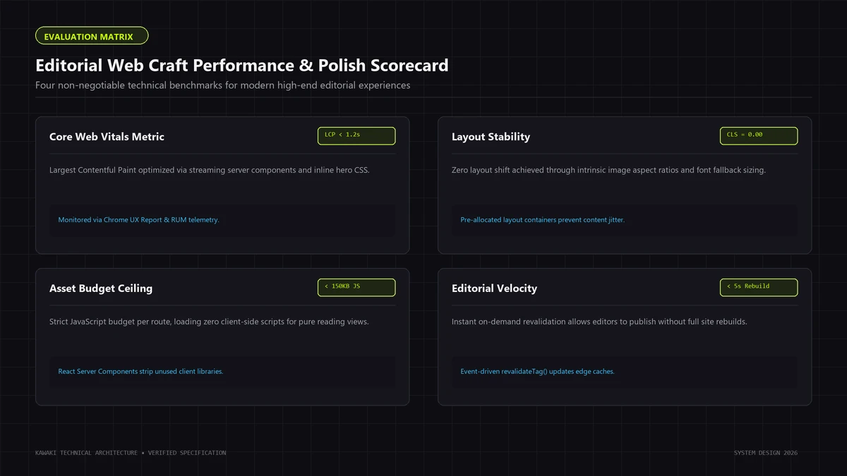 Scorecard matrix detailing Core Web Vitals, CLS limits, asset budgets, and editorial velocity benchmarks