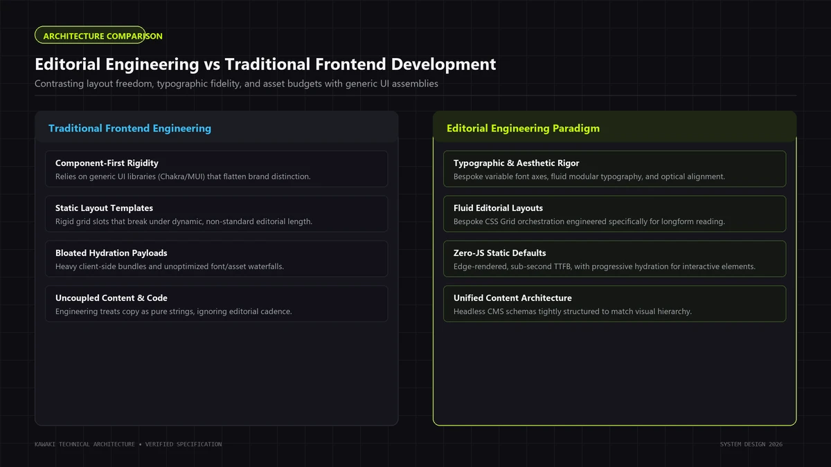 Comparison table diagram contrasting traditional frontend development with editorial engineering principles