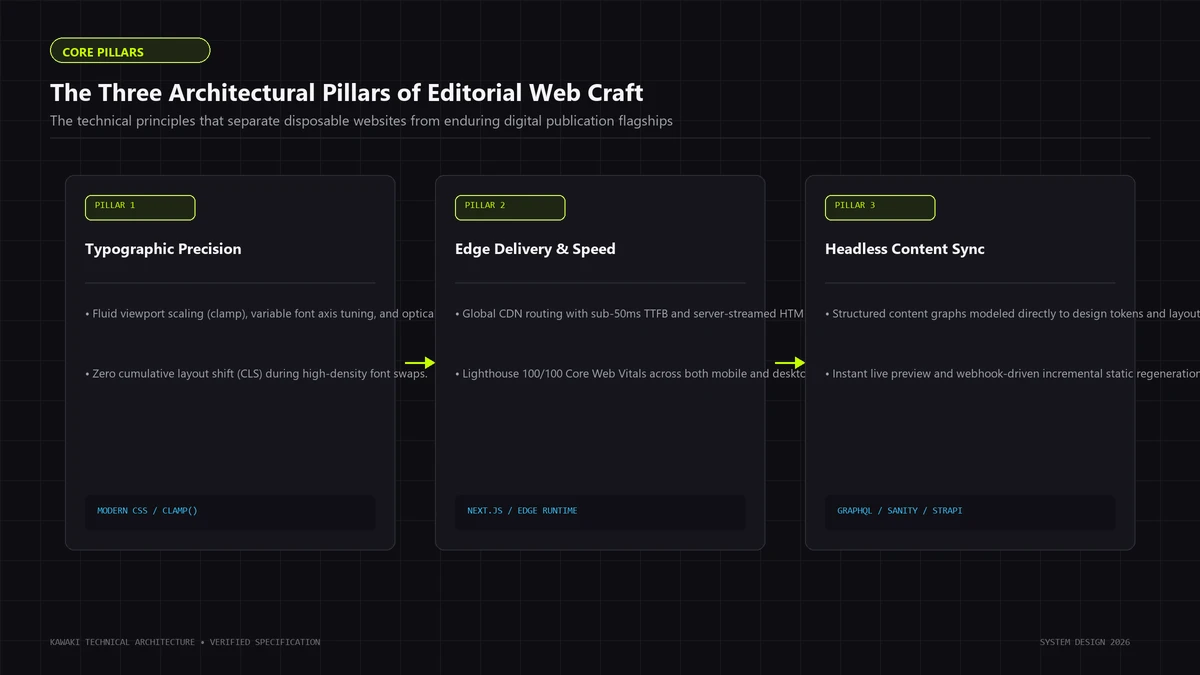 Diagram outlining the three architectural pillars of editorial web craft: typography, edge delivery, and headless content