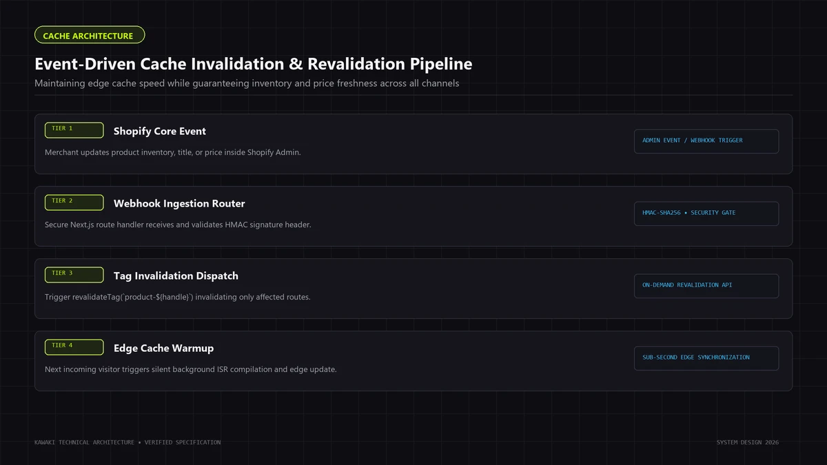 Layered cache invalidation pipeline showing Shopify product webhooks triggering Next.js revalidateTag