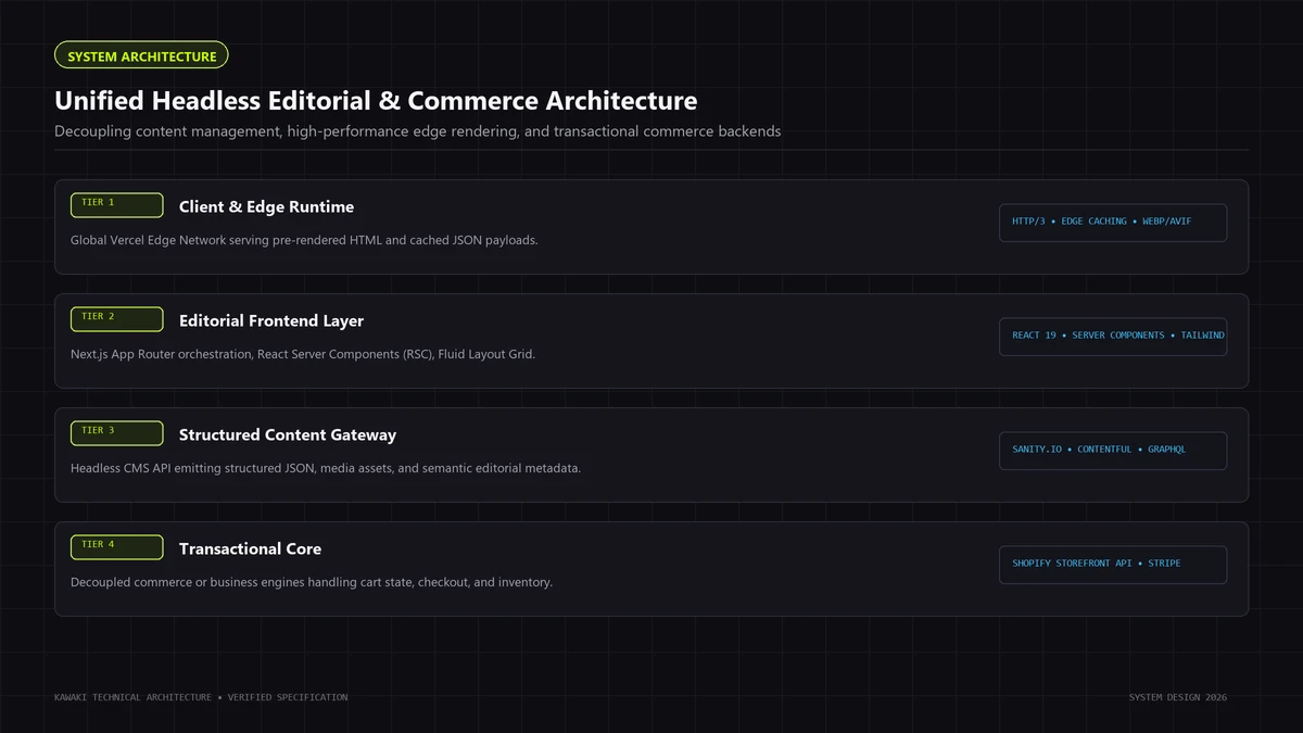 Multi-tier system architecture diagram showing headless CMS, Next.js edge runtime, and Shopify Storefront API