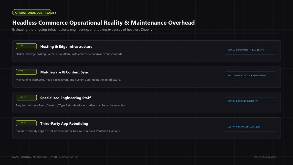 Layered diagram showing ongoing operational and engineering overhead of headless Shopify architectures