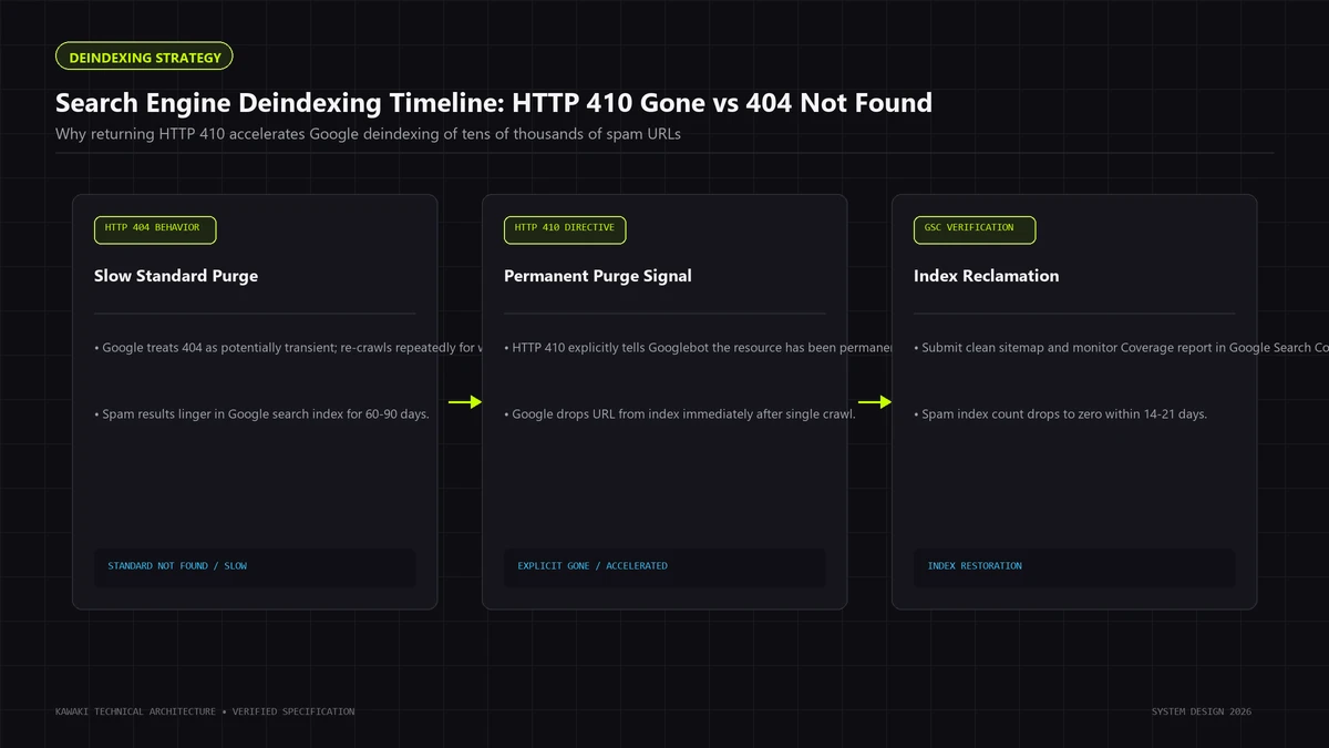 Timeline comparison diagram between slow HTTP 404 re-crawl cycles and accelerated HTTP 410 index purging