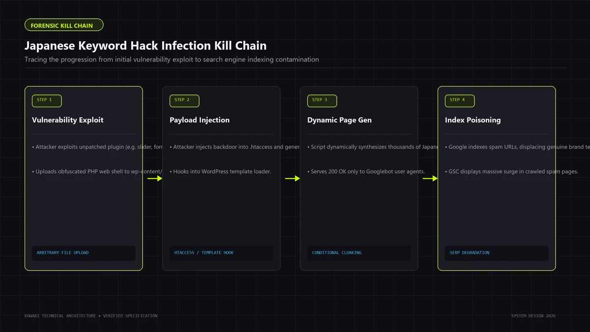 Attack progression flowchart showing vulnerability exploit, backdoor drop, sitemap injection, and indexing