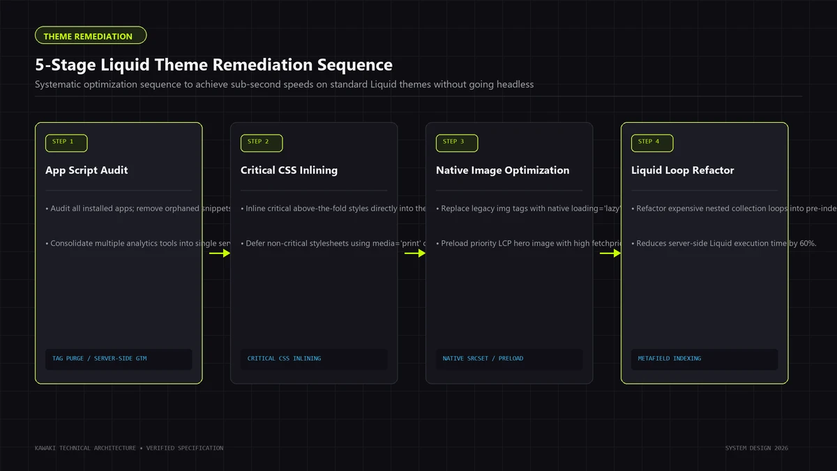 Four-step optimization sequence diagram showing script audits, critical CSS, responsive images, and loops