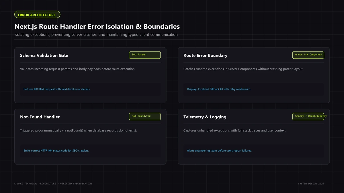 Matrix diagram illustrating Next.js schema validation gates, error.tsx boundaries, and telemetry
