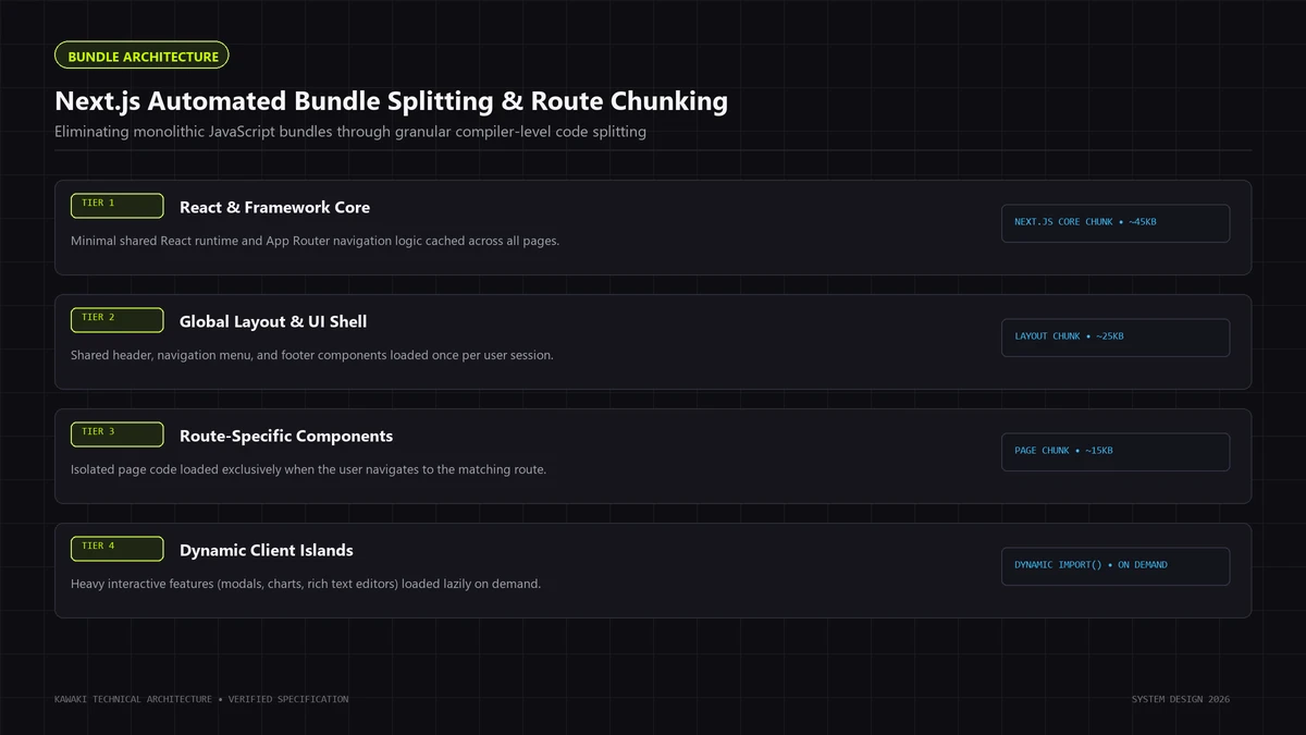 Layered diagram showing Next.js bundle splitting into core, layout, page, and dynamic client chunks