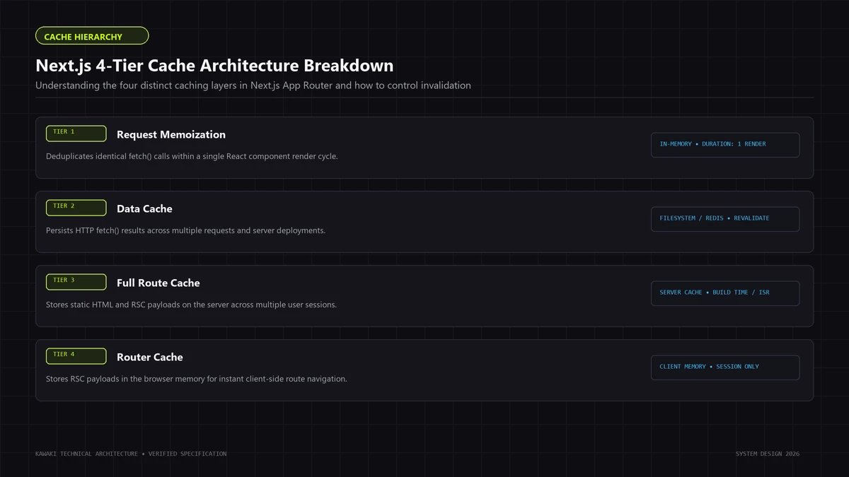 Layered architecture diagram detailing the four Next.js App Router caching mechanisms