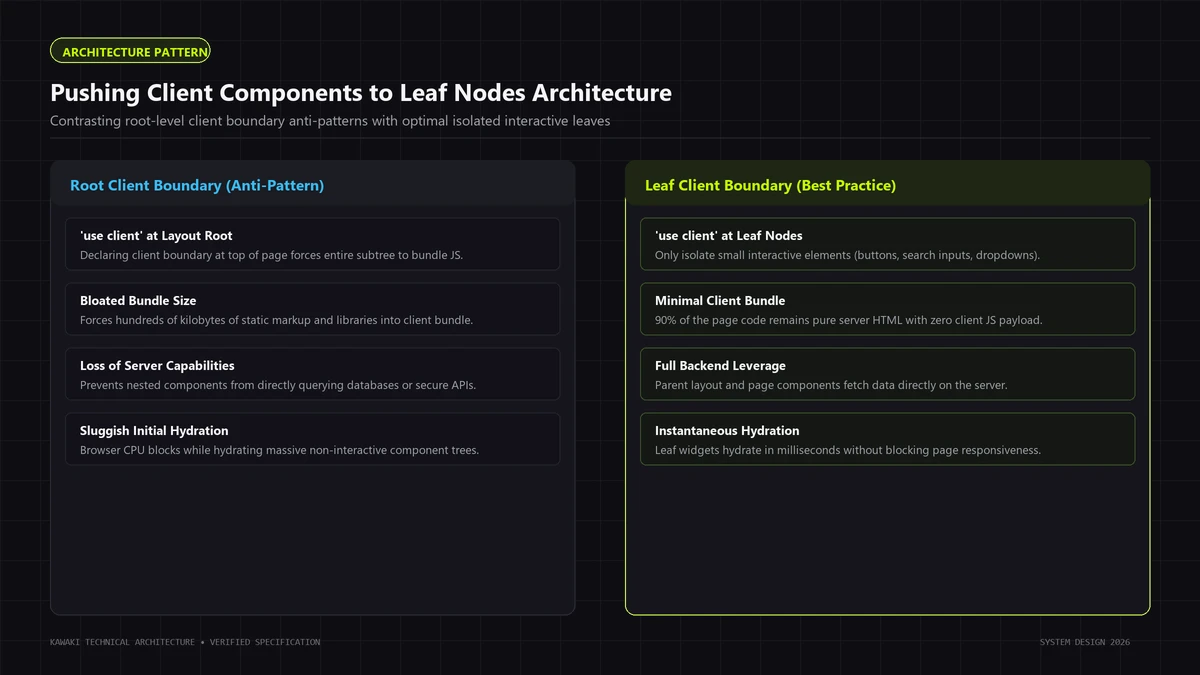 Architectural comparison contrasting root-level use client anti-patterns with leaf-node boundaries