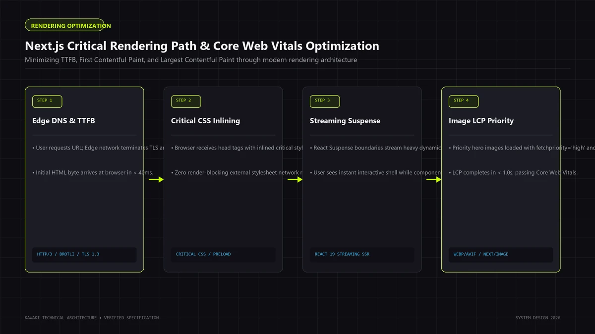 Step-by-step rendering waterfall diagram showing edge DNS, critical CSS inlining, and streaming Suspense