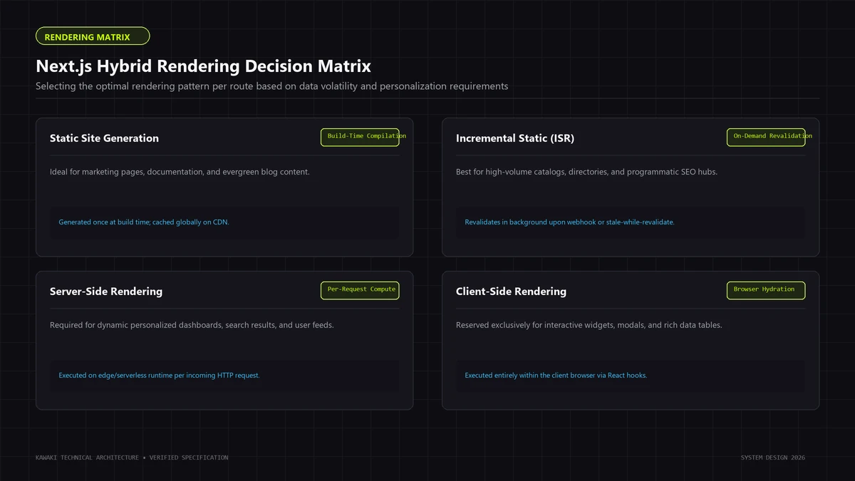 Decision matrix diagram comparing Next.js SSG, ISR, SSR, and CSR rendering patterns