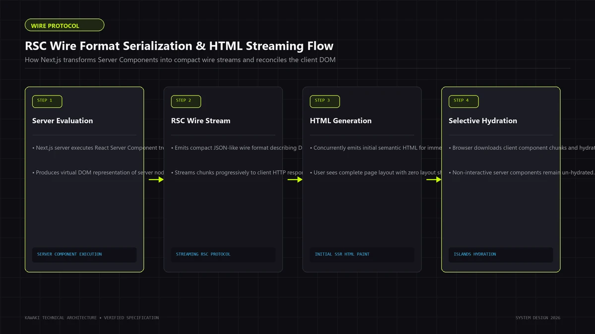 Four-step diagram showing Server Component evaluation, wire format streaming, and selective hydration