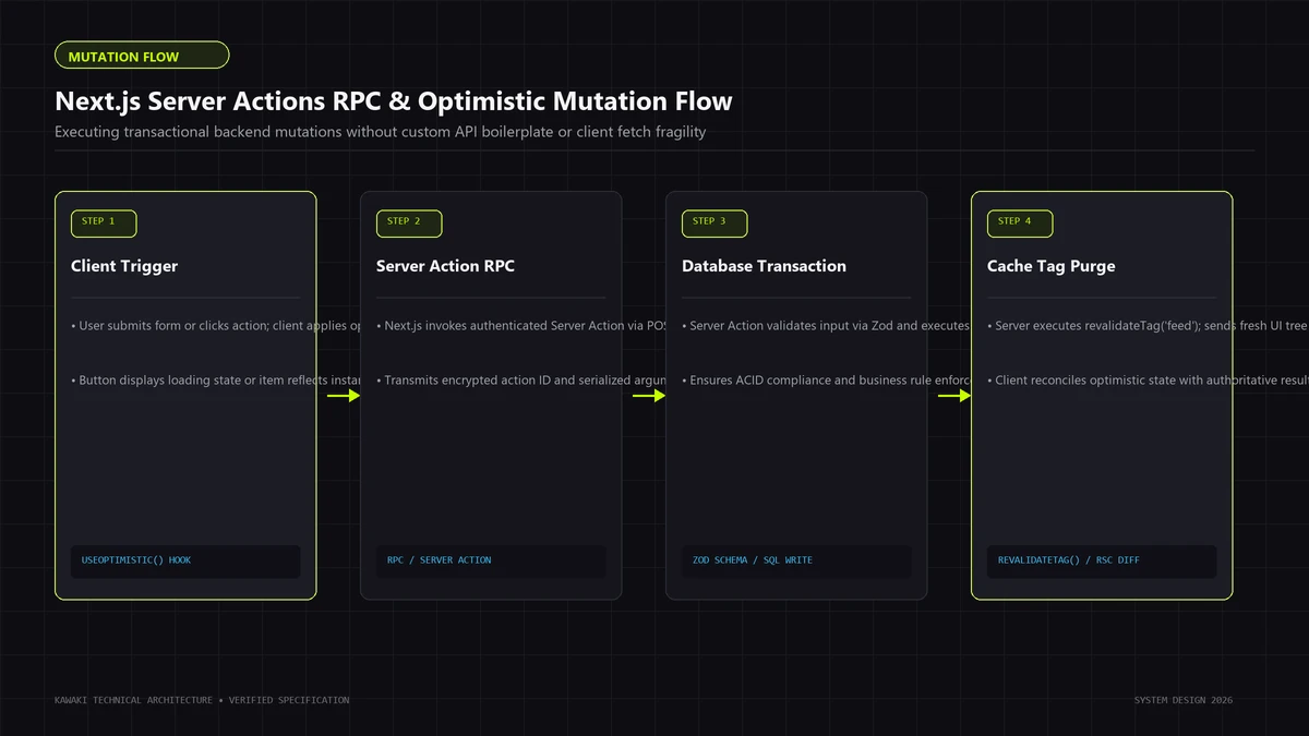 Sequence diagram of Next.js Server Actions optimistic mutation, RPC execution, and revalidateTag