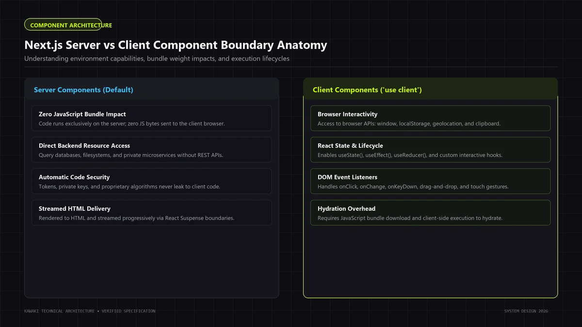 Comparison diagram showing capabilities and execution environments of Server Components vs Client Components