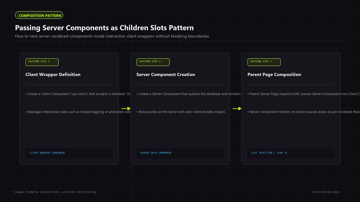 Step-by-step composition pattern diagram illustrating Server Components passed as children to Client wrappers