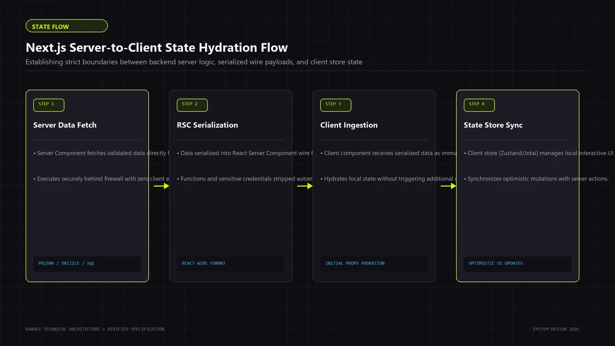 Data flow diagram illustrating state transition from server database fetch to RSC wire payload and client store