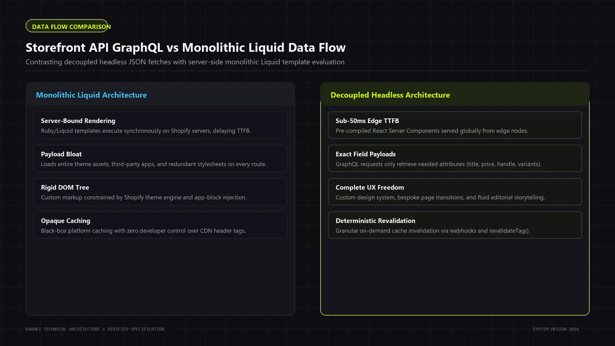 Data flow comparison diagram between monolithic Shopify Liquid rendering and decoupled Storefront GraphQL API