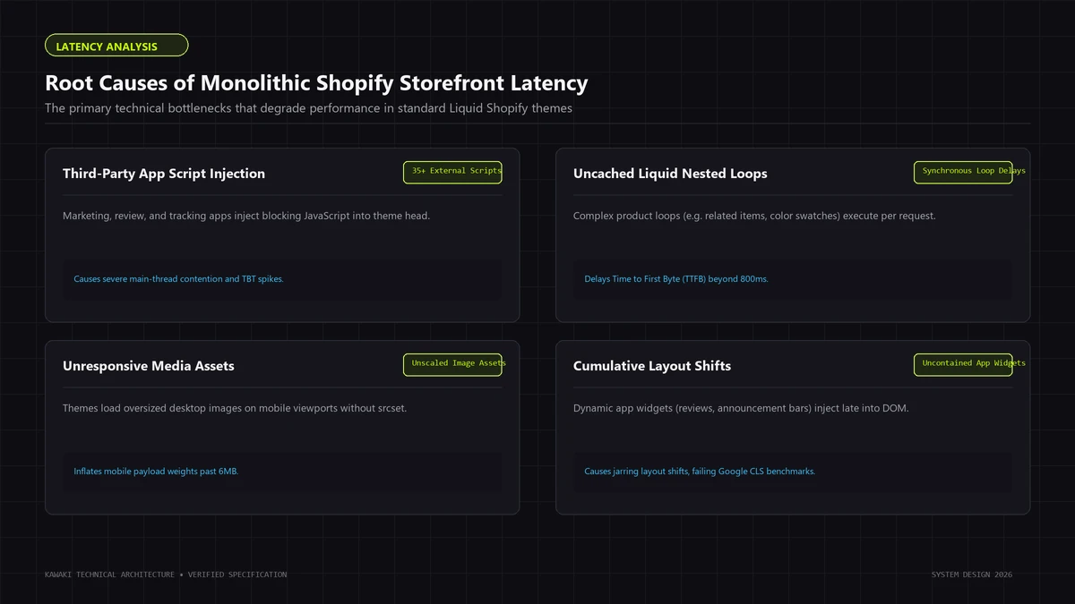 Matrix diagram illustrating primary latency root causes in standard Shopify themes: apps, loops, and media