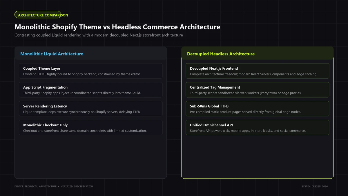 Architectural comparison diagram between monolithic Shopify Liquid themes and decoupled headless frontends