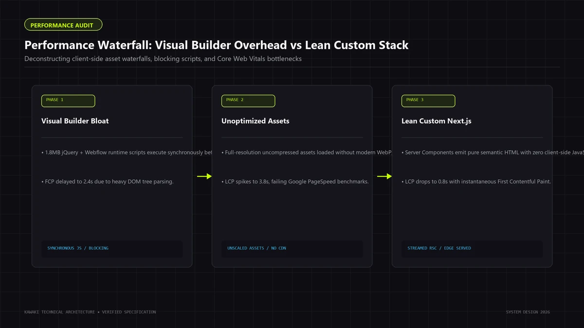 Network waterfall comparison showing 1.8MB visual builder overhead versus sub-120KB custom stack
