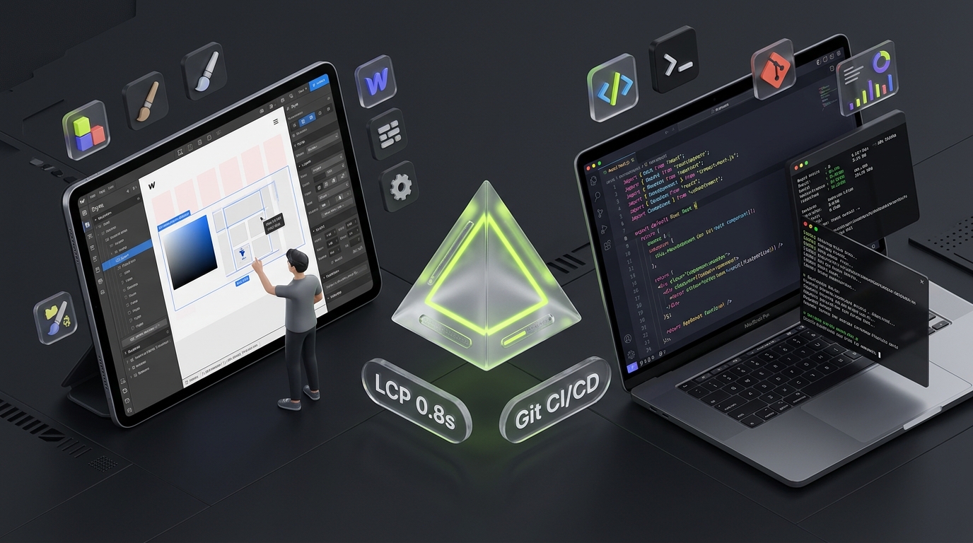 3D architectural comparison between Webflow visual builder interface on tablet and custom React Next.js code on laptop with floating LCP and Git CI/CD badges