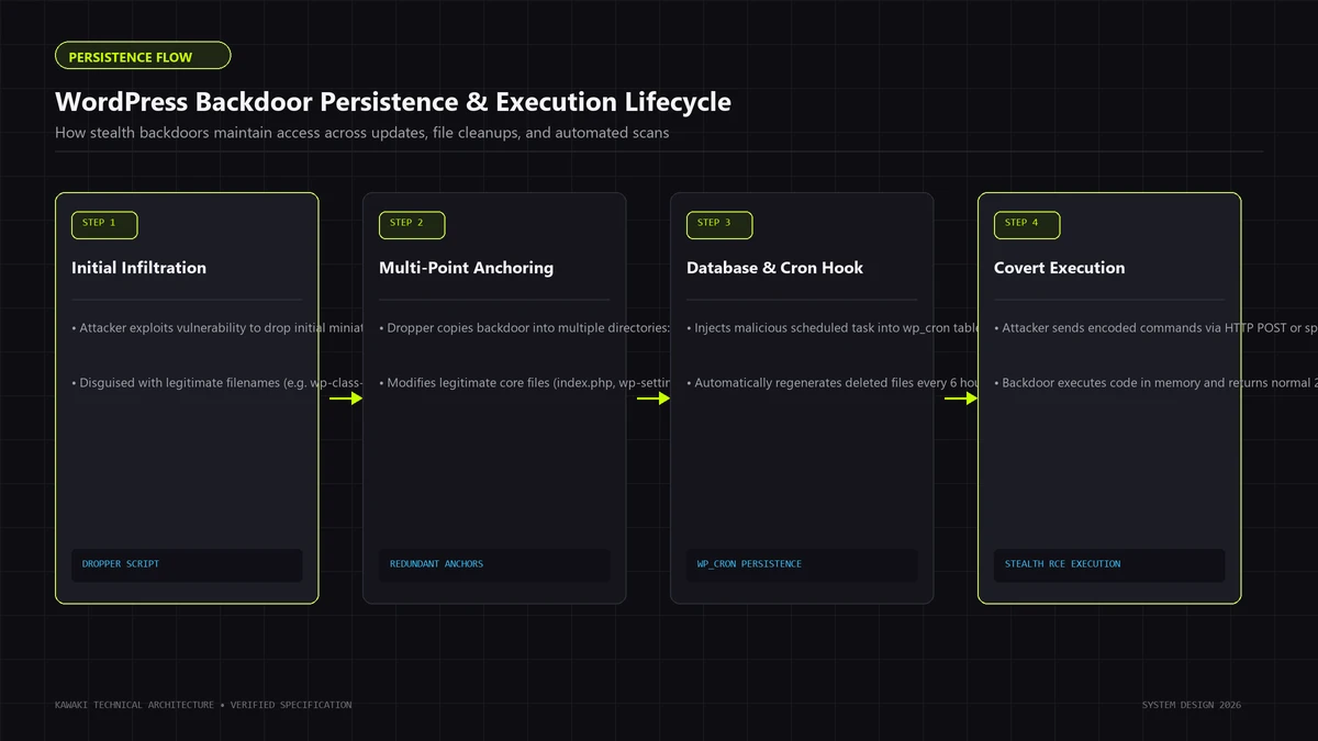 Flowchart showing backdoor infiltration, multi-point filesystem anchoring, cron hooks, and execution