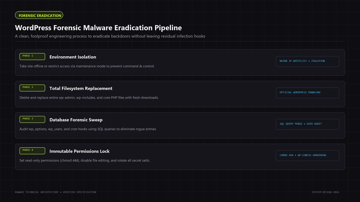 Layered pipeline diagram showing environment isolation, filesystem replacement, DB sweep, and file locks