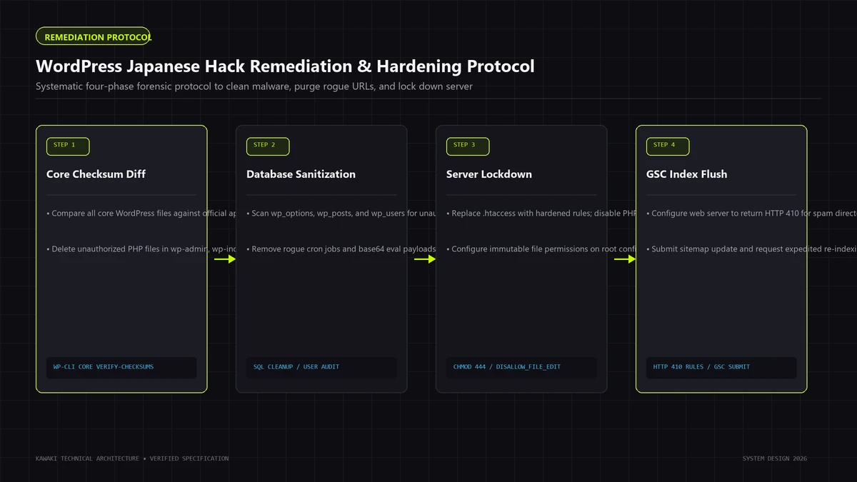Four-step remediation flowchart showing core checksum diff, database sweep, server lock, and index flush