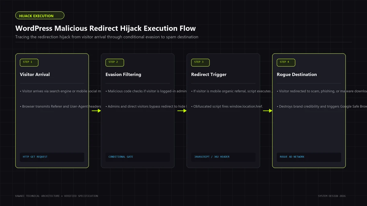 Flowchart showing malicious redirect execution from visitor arrival to conditional check and destination