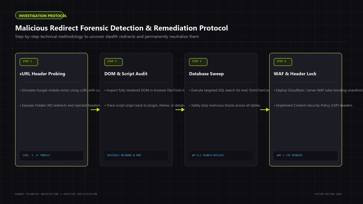 Flowchart outlining cURL header simulation, DOM script auditing, database search-replace, and WAF rules