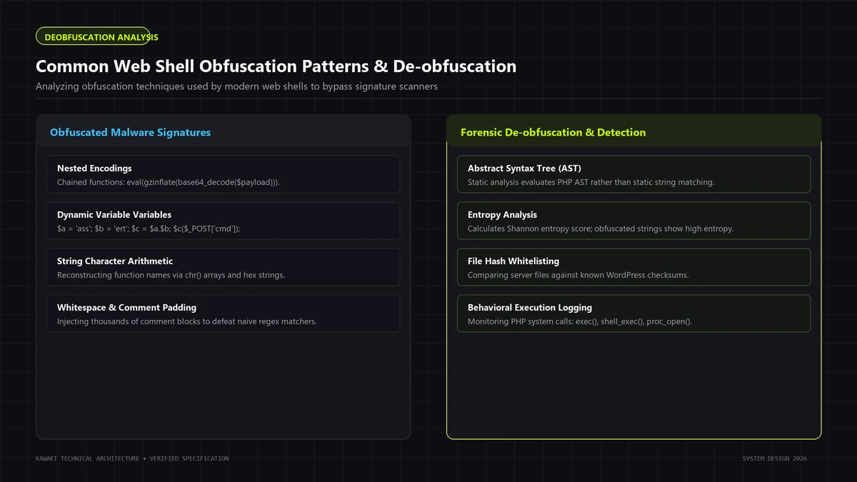 Comparison table diagram contrasting PHP webshell obfuscation techniques with AST and entropy analysis